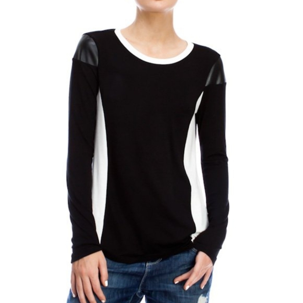 Black And White Panel Top With Faux Leather Patch